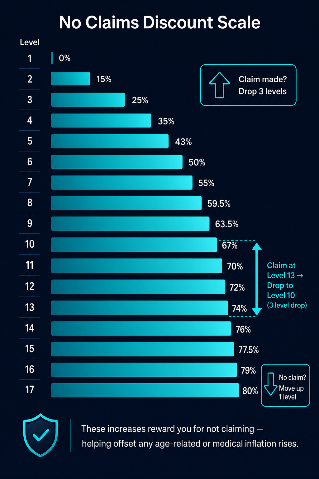 No Claims Discount scale showing 17 levels from 0% to 80% discount